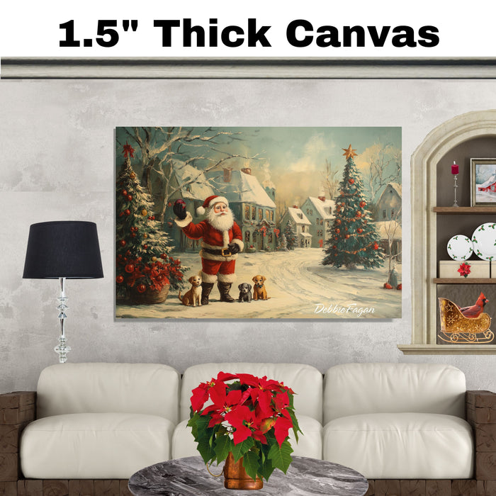 "Santa's Joyful Pups" - Heartwarming Scene of Santa with Adorable Puppies in a Festive Christmas Village on Ready to Hang 1.5" Thick Canvas Wrap, Floating Framed Canvas, Flat Rolled Canvas