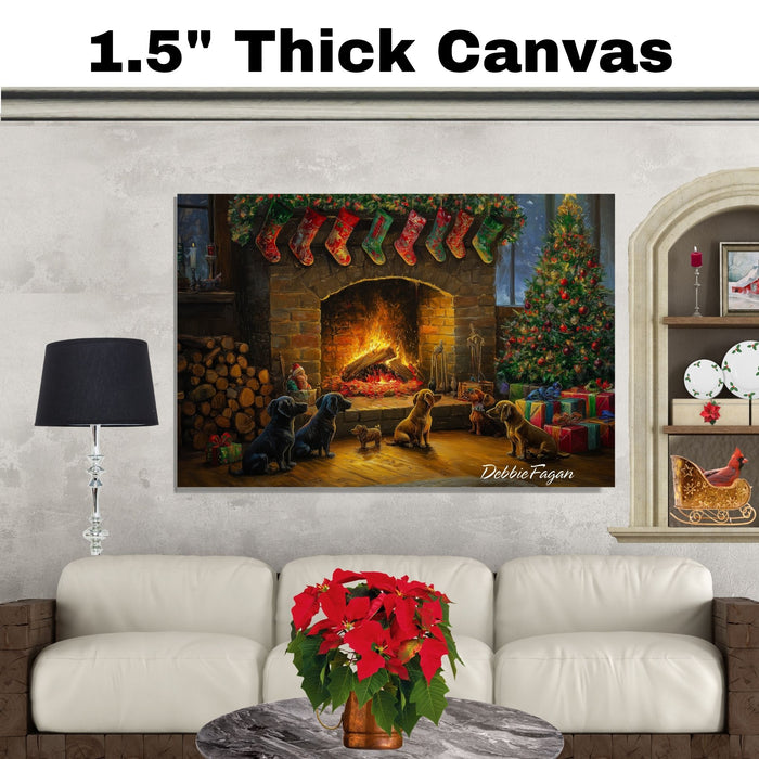 Dachshund Christmas Canvas - "Festive Fireside Friends" - Cozy Wiener Dogs by the Christmas Fireplace on Ready to Hang 1.5" Thick Canvas Wrap, Floating Framed Canvas, Flat Rolled Canvas