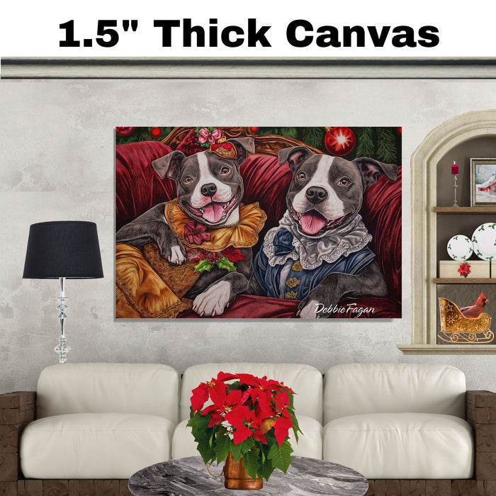 Staffie Christmas Canvas - "Victorian Whimsy" - American Staffordshire Bull Terriers in Elegant Attire on Ready to Hang 1.5" Thick Canvas Wrap, Floating Framed Canvas, Flat Rolled Canvas