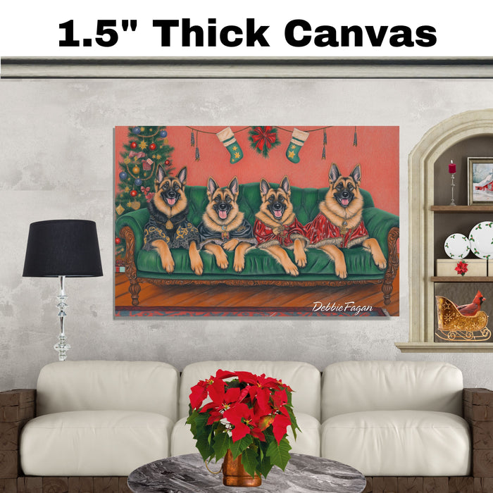 Dog Christmas Canvas - "Victorian Yuletide Splendor" - Majestic German Shepherds Amidst a Festive Winter Wonderland on Ready to Hang 1.5" Thick Canvas Wrap, Floating Framed Canvas, Flat Rolled Canvas