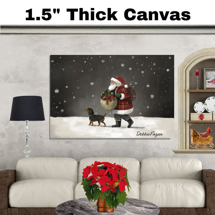 Dog Christmas Canvas  - ÒSantaÕs SidekickÓ - Joyful Pup Walking in the Snow on Ready to Hang 1.5" Thick Canvas Wrap, Floating Framed Canvas, Flat Rolled Canvas