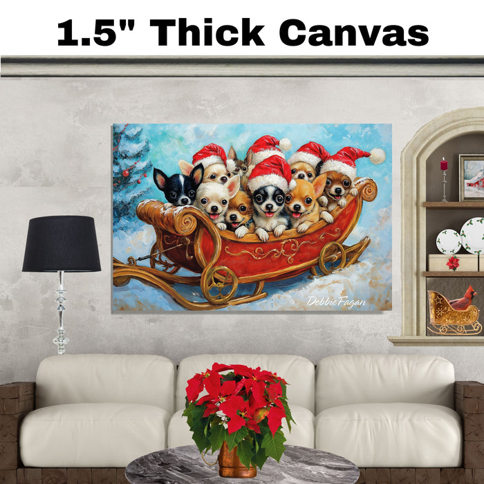 Dog Christmas Canvas  - "Sleighing the Season" - Adorable Puppies in Santa Hats on a Festive Sleigh in Winter Snow on Ready to Hang 1.5" Thick Canvas Wrap, Floating Framed Canvas, Flat Rolled Canvas