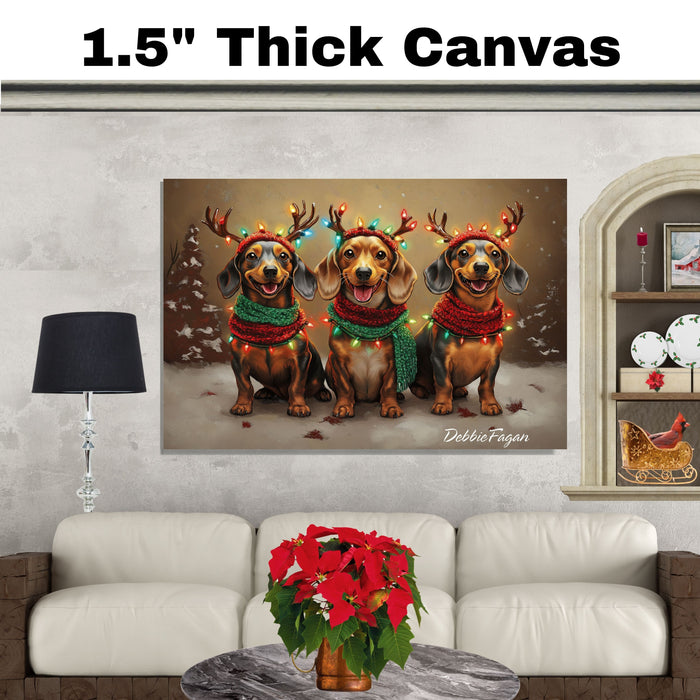 Dachshund Christmas Canvas - "Doxie Delight" - Festive Lighted Weiner Dogs in Winter Snow on Ready to Hang 1.5" Thick Canvas Wrap, Floating Framed Canvas, Flat Rolled Canvas