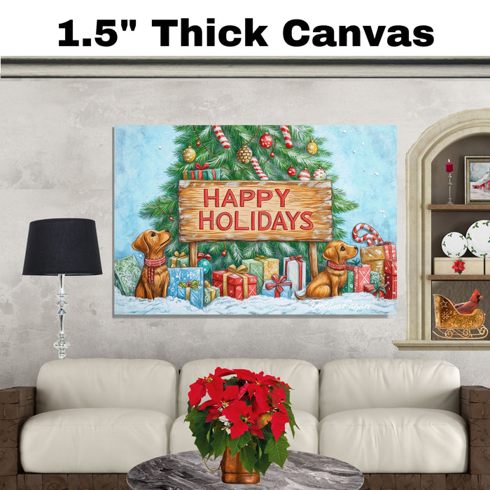 Puppy Christmas Canvas - "Paws and Presents" - Whimsical Dogs Unwrapping Joy Under the Christmas Tree on Ready to Hang 1.5" Thick Canvas Wrap, Floating Framed Canvas, Flat Rolled Canvas