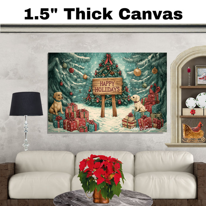 Christmas Canvas - "Winter Wonderland" - Adorable Puppies Playing in a Snowy Forest with Christmas Tree and Gifts on Ready to Hang 1.5" Thick Canvas Wrap, Floating Framed Canvas, Flat Rolled Canvas