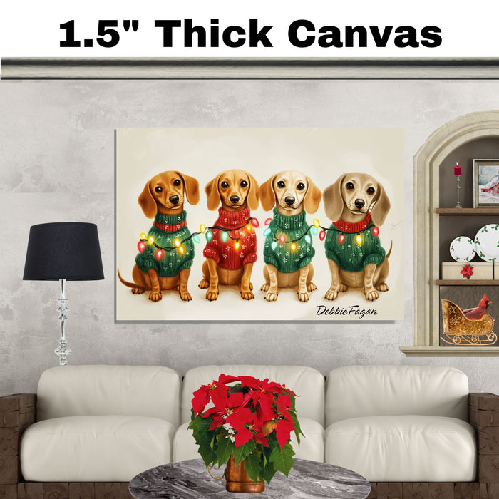 Christmas Canvas  - ÒDachshund SnugglesÓ - Adorable Dogs in Cozy Sweaters Wrapped in Colorful Christmas Lights on Ready to Hang 1.5" Thick Canvas Wrap, Floating Framed Canvas, Flat Rolled Canvas