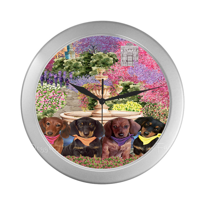 Floral Park Dachshund Dog on Silver Wall Clocks