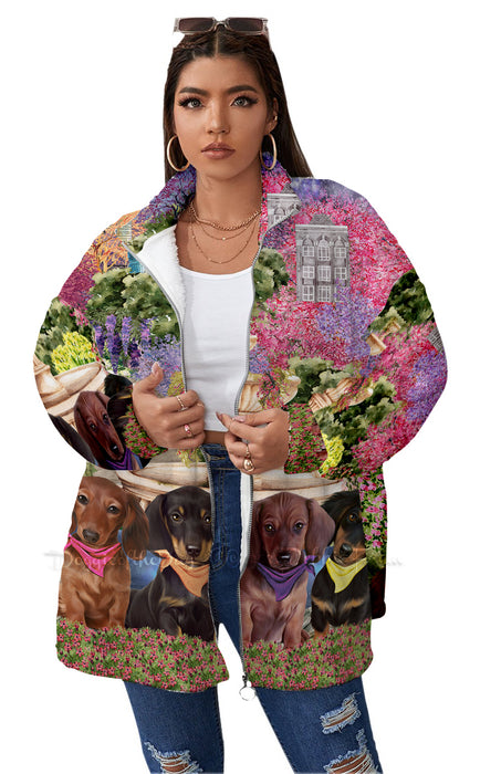 Floral Park Dachshund Dog All-Over Print Women's Borg Fleece Stand-up Collar Coat With Zipper Closure