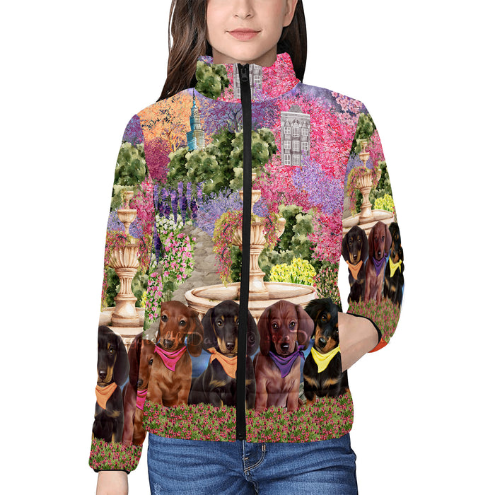 Floral Park Dachshund Dog Women's Stand Collar Padded Jacket