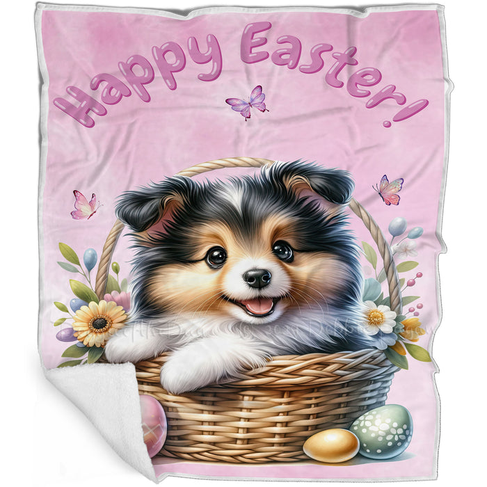 Easter Egg Hunt Collie with Bunny Ears Happy Easter Holiday Blanket, EGHNTBLNKTDG00036