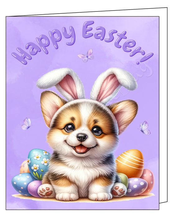 Happy Easter Corgi 2 Greeting Cards, Spring Holiday Notecards Blank Inside Envelopes Included, Unique Easter Egg Cards for Dog Lovers