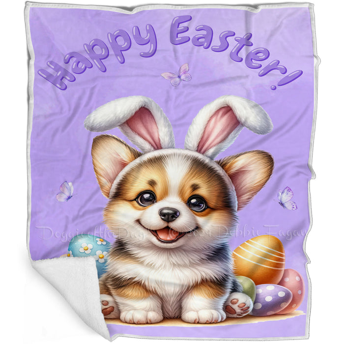 Easter Egg Hunt Corgi  with Bunny Ears Happy Easter Holiday Blanket, EGHNTBLNKTDG00038