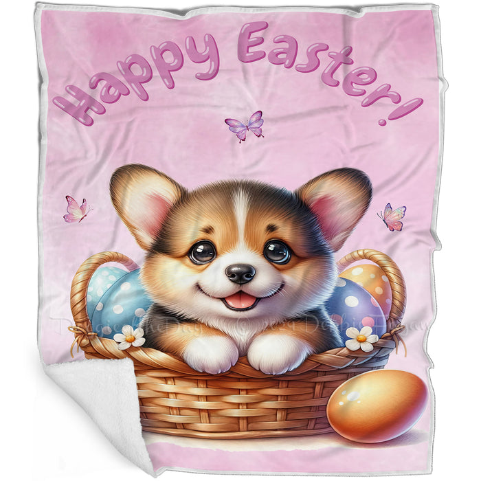 Easter Egg Hunt Corgi with Bunny Ears Happy Easter Holiday Blanket, EGHNTBLNKTDG00037
