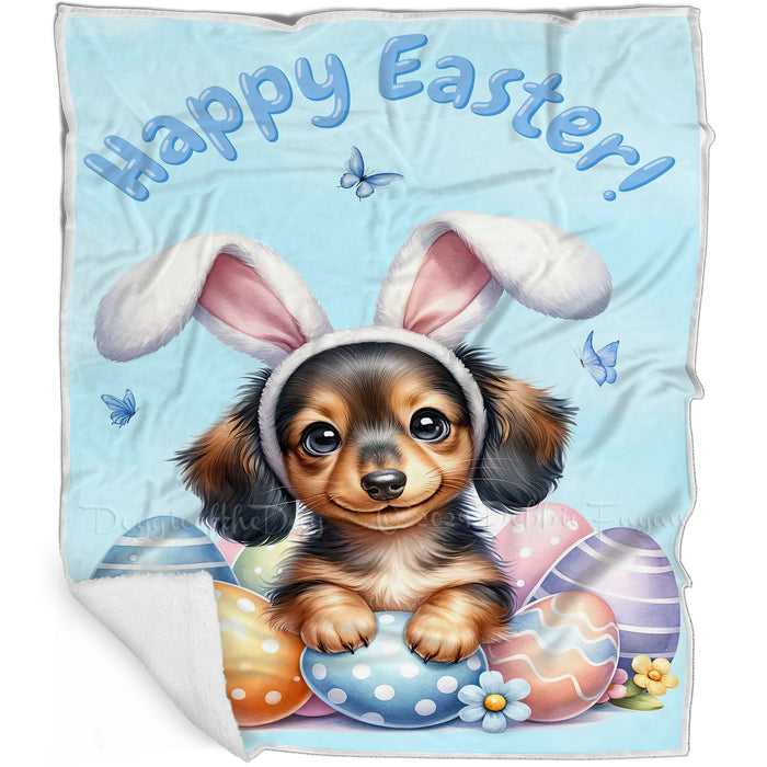 Easter Egg Hunt Dachshund  with Bunny Ears Happy Easter Holiday Blanket, EGHNTBLNKTDG00040