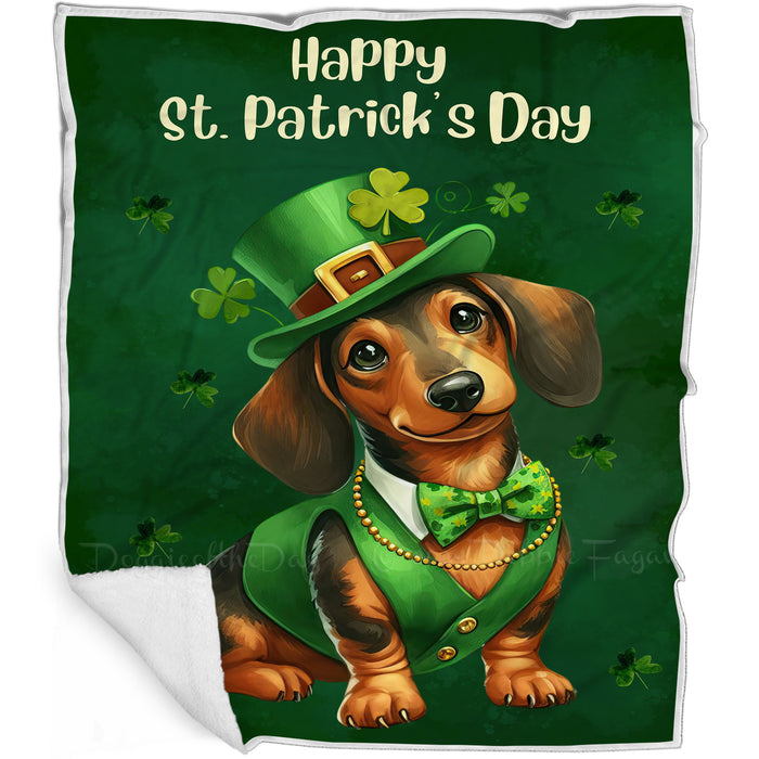 Dachshund St. Patrick's Irish Dog Blanket, Irish Woof Warmth, Fleece, Woven, Sherpa Blankets, Puppy with Hats, Gifts for Pet Lovers