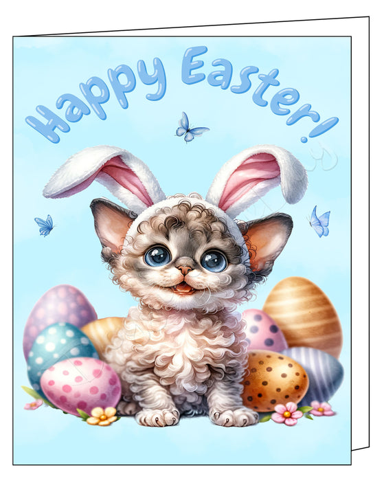 Happy Easter Devon Rex Cat Greeting Cards, Spring Holiday Notecards Blank Inside Envelopes Included, Unique Easter Egg Cards for Cat Lovers