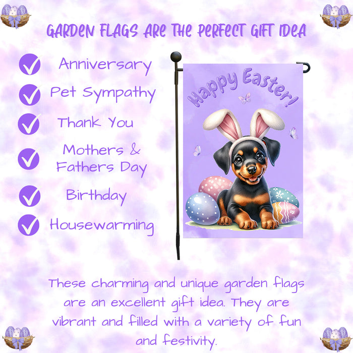 Doberman Pinscher Easter Dog Garden Flag Puppy Eggs Spring Outdoor Porch Décor 12x18 Inch Single Side and Double Sided