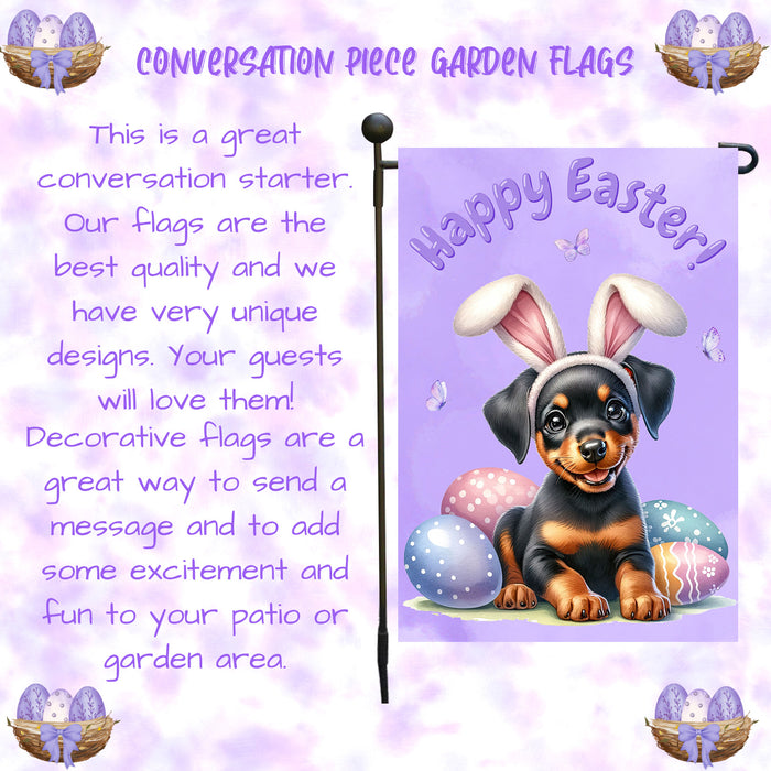 Doberman Pinscher Easter Dog Garden Flag Puppy Eggs Spring Outdoor Porch Décor 12x18 Inch Single Side and Double Sided