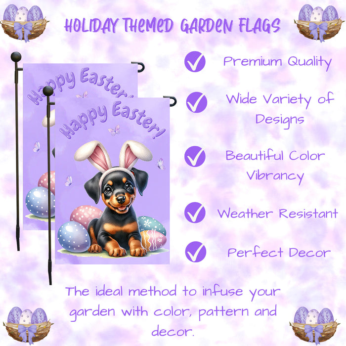 Doberman Pinscher Easter Dog Garden Flag Puppy Eggs Spring Outdoor Porch Décor 12x18 Inch Single Side and Double Sided