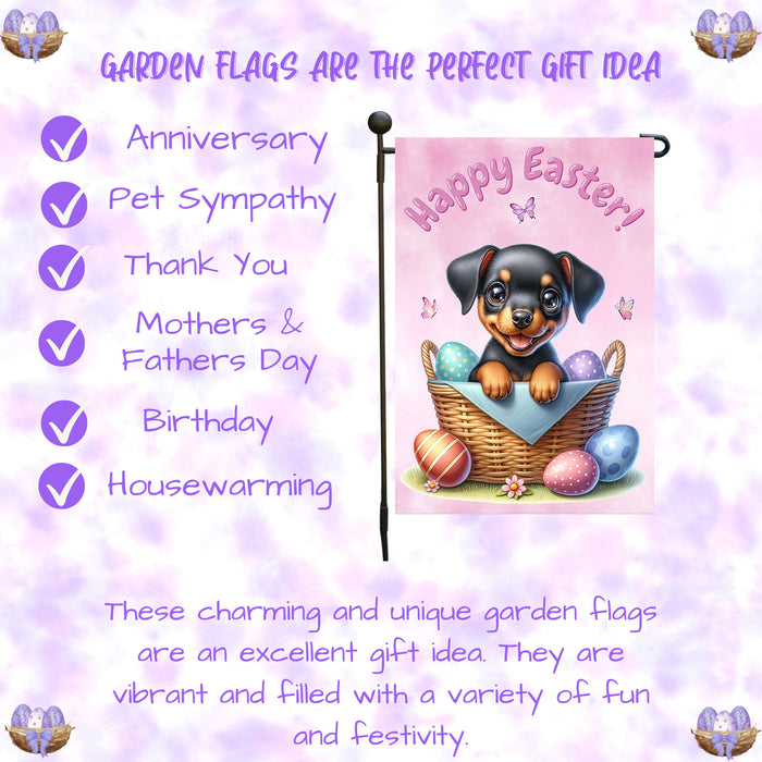 Doberman Dog Happy Easter Garden Flag Puppy Eggs Spring Yard Lawn Outdoor Décor 12x18 Inch Single Side and Double Sided