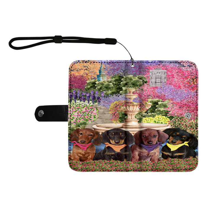 Dachshund Dog Floral Park Flip Leather Purse for Mobile Phone - Large