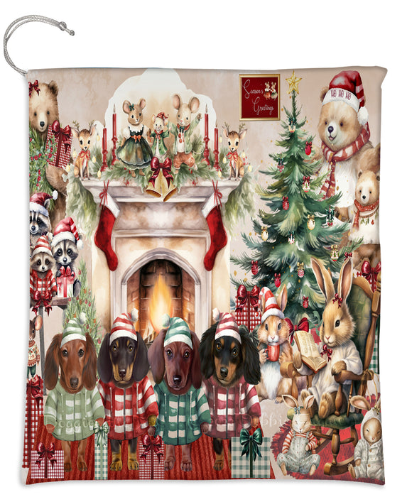 Dachshund Dogs Drawstring Laundry or Gift Bag - Winter Furry Friends