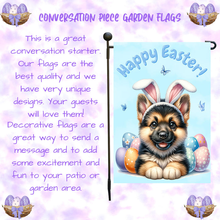 German Shepherd Dog Happy Easter Garden Flag Puppy Eggs Spring Yard Lawn Décor 12x18 Inch Single Side and Double Sided