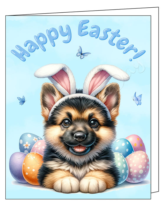Happy Easter German Shepherd 2 Greeting Cards, Spring Holiday Notecards Blank Inside Envelopes Included, Unique Easter Egg Cards for Dog Lovers