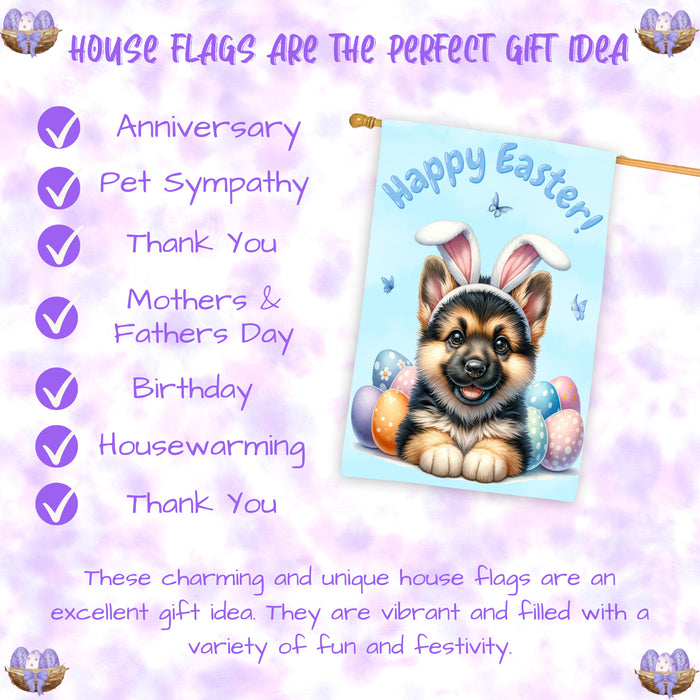 German Shepherd Dog Easter House Flag Puppy Eggs Spring Outdoor Yard Décor Gifts 28x40 Inch Double-Sided
