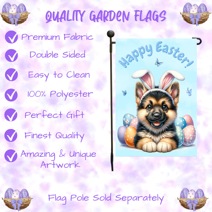 German Shepherd Dog Happy Easter Garden Flag Puppy Eggs Spring Yard Lawn Décor 12x18 Inch Single Side and Double Sided