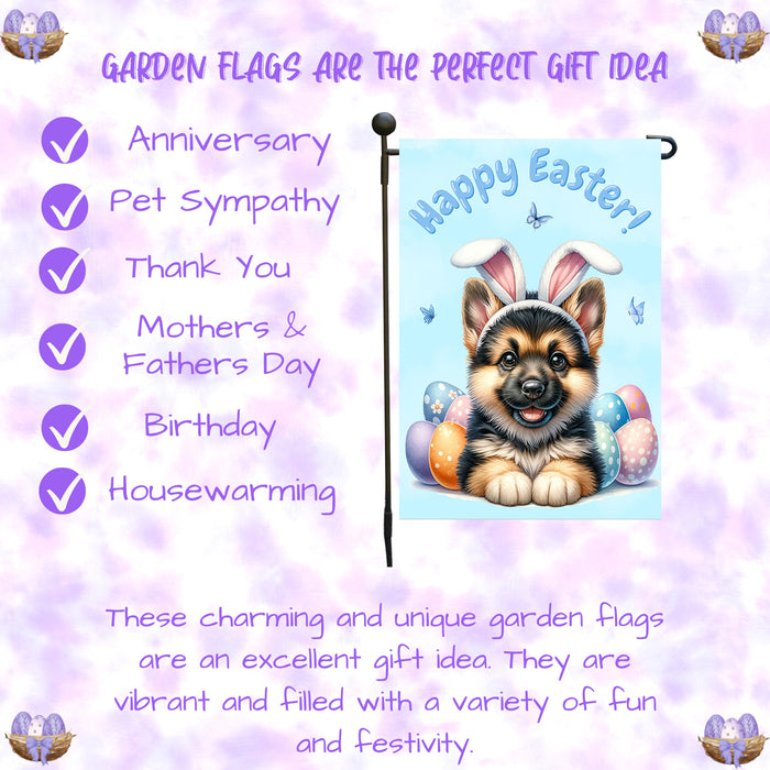 German Shepherd Dog Happy Easter Garden Flag Puppy Eggs Spring Yard Lawn Décor 12x18 Inch Single Side and Double Sided