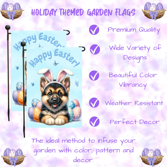 German Shepherd Dog Happy Easter Garden Flag Puppy Eggs Spring Yard Lawn Décor 12x18 Inch Single Side and Double Sided