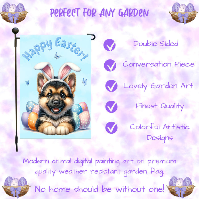 German Shepherd Dog Happy Easter Garden Flag Puppy Eggs Spring Yard Lawn Décor 12x18 Inch Single Side and Double Sided