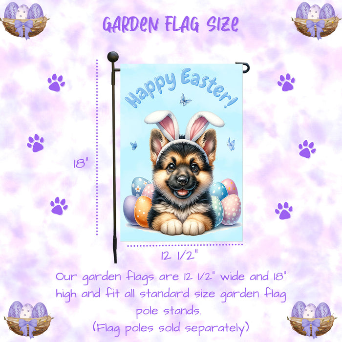 German Shepherd Dog Happy Easter Garden Flag Puppy Eggs Spring Yard Lawn Décor 12x18 Inch Single Side and Double Sided