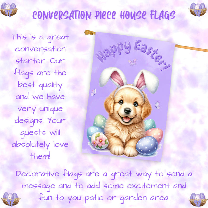 Golden Retriever Dog Easter House Flag Puppy Eggs Spring Outdoor Yard Décor 28x40 Inch Double-Sided