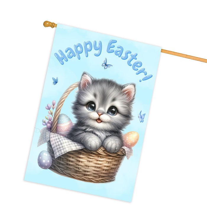 Happy Easter Gray Cat, Egg Hunt House Flags for Home Decorations - Double Sided Yard Lawn Easter Festival Decorative Gift - Holiday Cats Flag Decor 28"w x 40"h, EGHNT00032