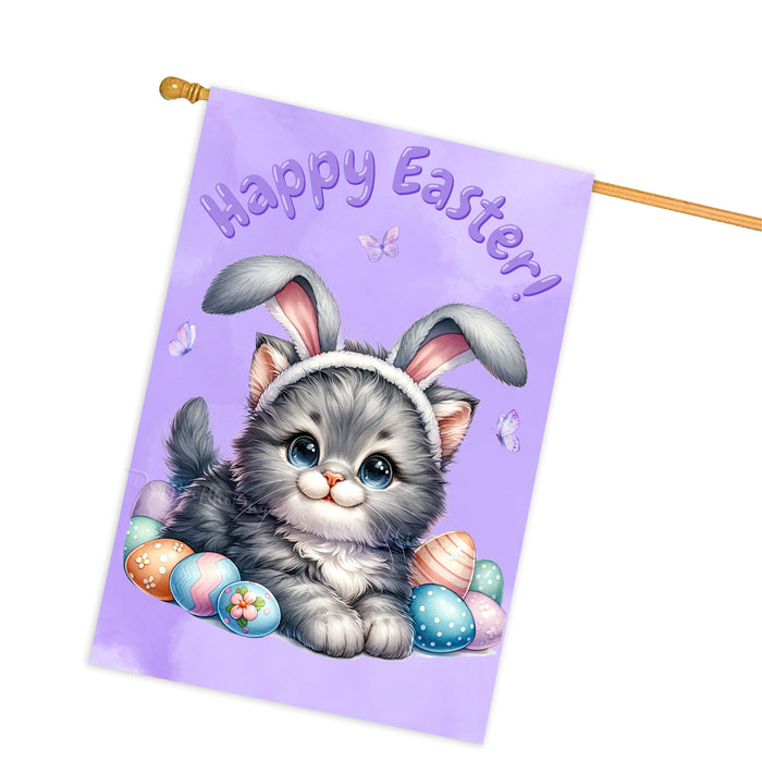 Happy Easter Gray Cat, Egg Hunt House Flags for Home Decorations - Double Sided Yard Lawn Easter Festival Decorative Gift - Holiday Cats Flag Decor 28"w x 40"h, EGHNT00033