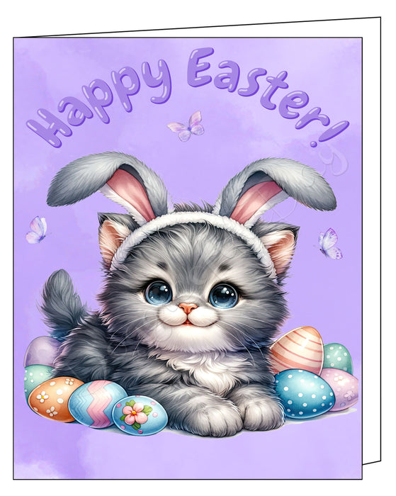 Happy Easter Gray Cat Greeting Cards, Spring Holiday Notecards Blank Inside Envelopes Included, Unique Easter Egg Cards for Cat Lovers