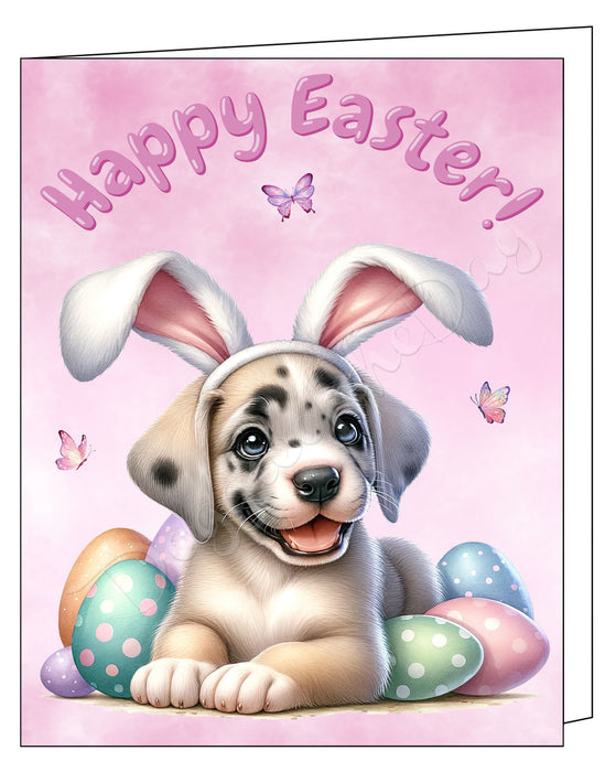 Happy Easter Great Dane 2 Greeting Cards, Spring Holiday Notecards Blank Inside Envelopes Included, Unique Easter Egg Cards for Dog Lovers