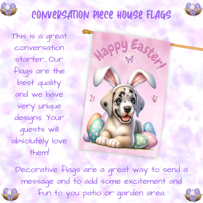 Great Dane Spring Easter House Flag Puppy Eggs Outdoor Seasonal Decorative Flag 28x40 Inch Double-Sided