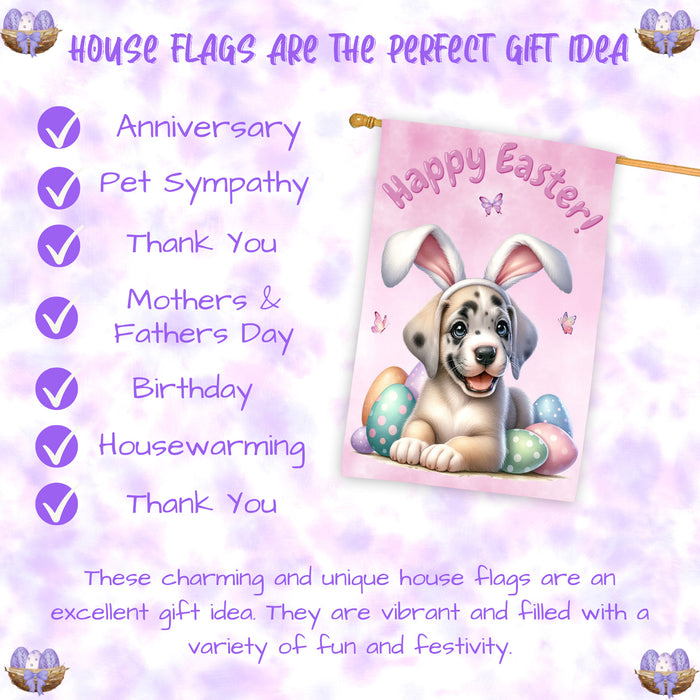 Great Dane Spring Easter House Flag Puppy Eggs Outdoor Seasonal Decorative Flag 28x40 Inch Double-Sided