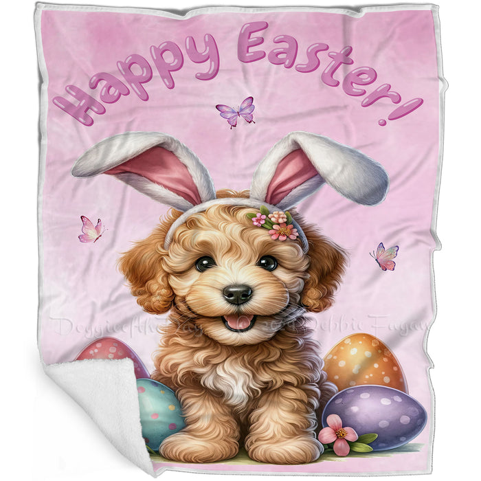 Easter Egg Hunt Labradoodle 1 with Bunny Ears Happy Easter Holiday Blanket, EGHNTBLNKTDG00055