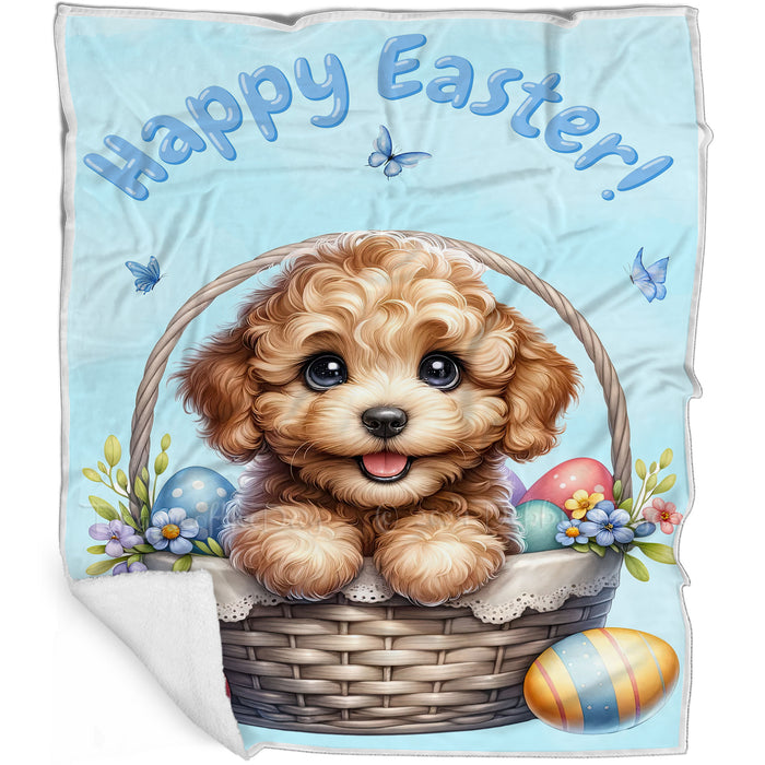 Easter Egg Hunt Labradoodle  with Bunny Ears Happy Easter Holiday Blanket, EGHNTBLNKTDG00056