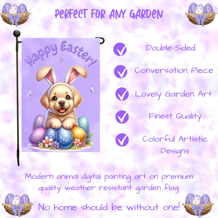 Labrador Dog Happy Easter Garden Flag Puppy Eggs Spring Yard Lawn Décor Gifts 12x18 Inch Single Side and Double Sided