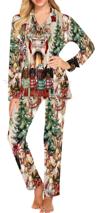 Dachshund Dog Women's Long Pajama Set, Winter Furry Friends, Gifts for Her