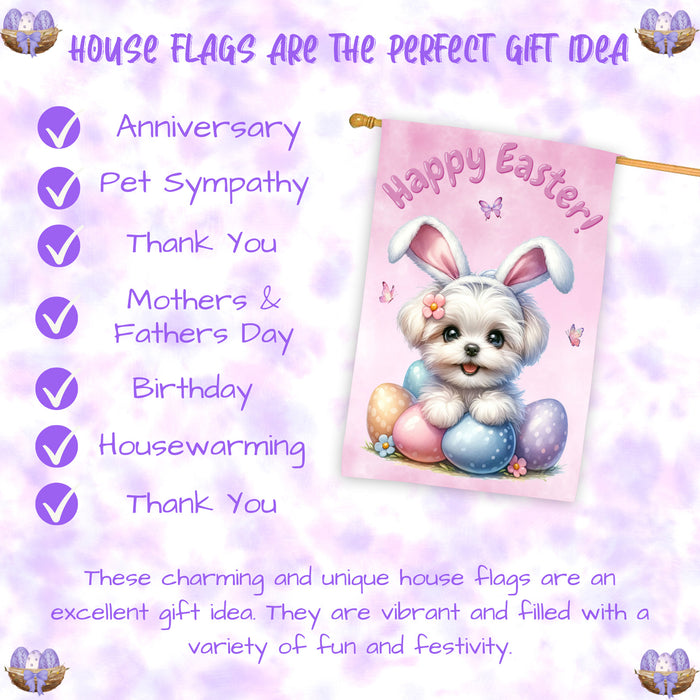 Maltese Easter House Flag Dog Eggs Outdoor Yard Holiday Decor Double Sided Flag 28x40 Inch Double-Sided