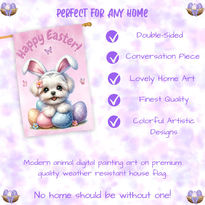 Maltese Easter House Flag Dog Eggs Outdoor Yard Holiday Decor Double Sided Flag 28x40 Inch Double-Sided