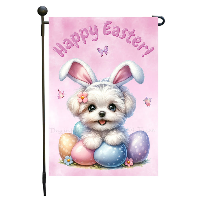 Maltese Happy Easter Puppy Garden Flag Eggs Spring Outdoor Yard Lawn Décor 12x18 Inch Single Side and Double Sided