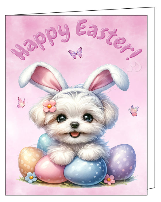 Happy Easter Maltese 2 Greeting Cards, Spring Holiday Notecards Blank Inside Envelopes Included, Unique Easter Egg Cards for Dog Lovers