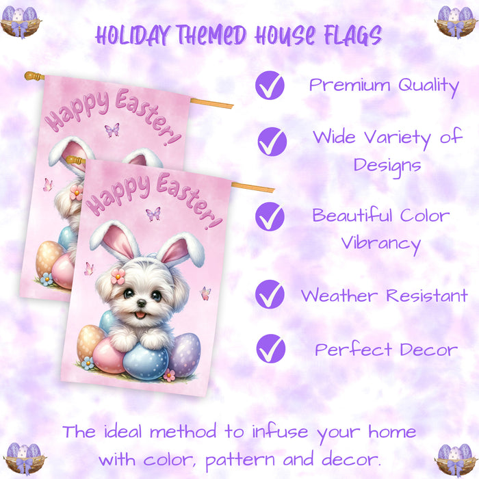 Maltese Easter House Flag Dog Eggs Outdoor Yard Holiday Decor Double Sided Flag 28x40 Inch Double-Sided